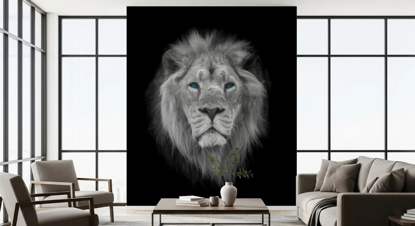 Azure eye king wall mural with a monochrome lion and blue eyes., GD10442