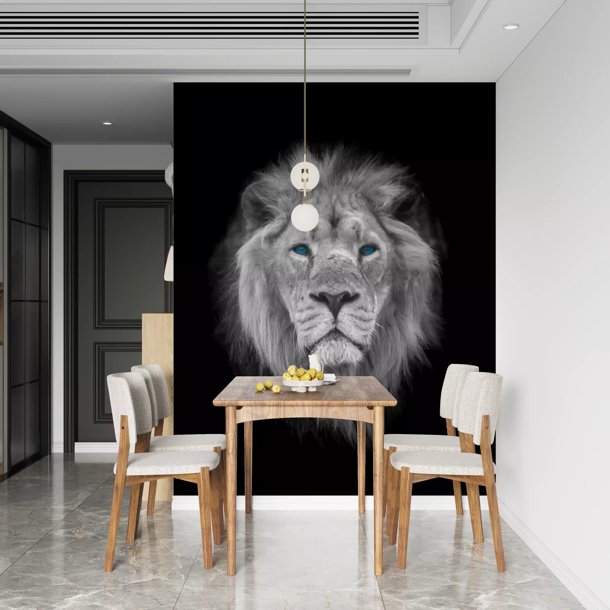 Monochrome lion wall mural with sharp blue eyes and layered grey fur in dining area., GD10442