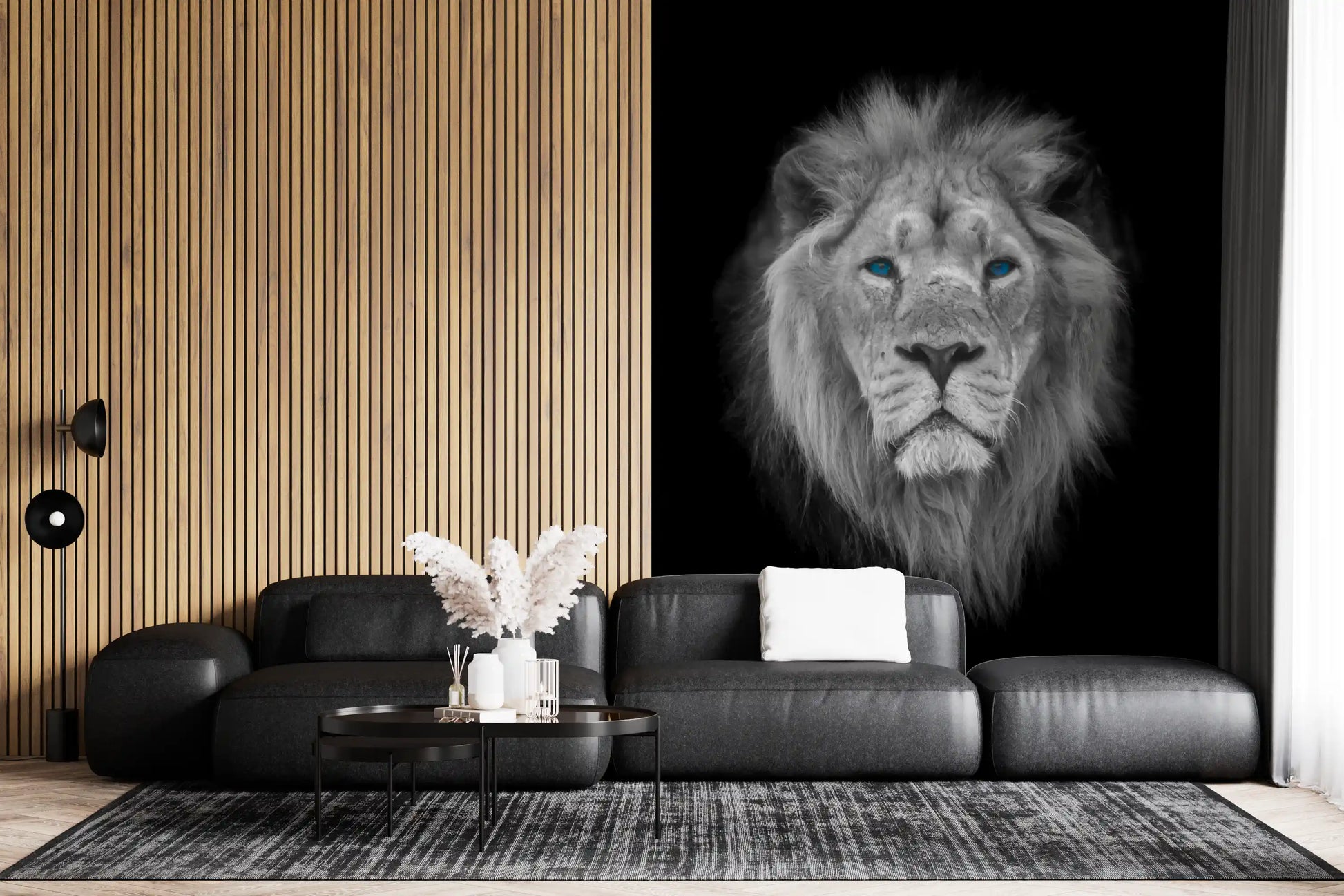 Azure eye king wall mural with full mane fading into black surround., GD10442