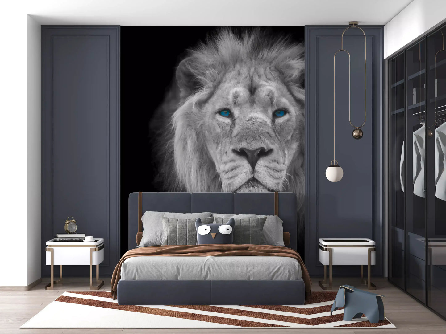 Greyscale lion face wall mural with textured whiskers and brow ridge in bedroom., GD10442