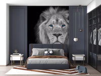 Greyscale lion face wall mural with textured whiskers and brow ridge in bedroom., GD10442
