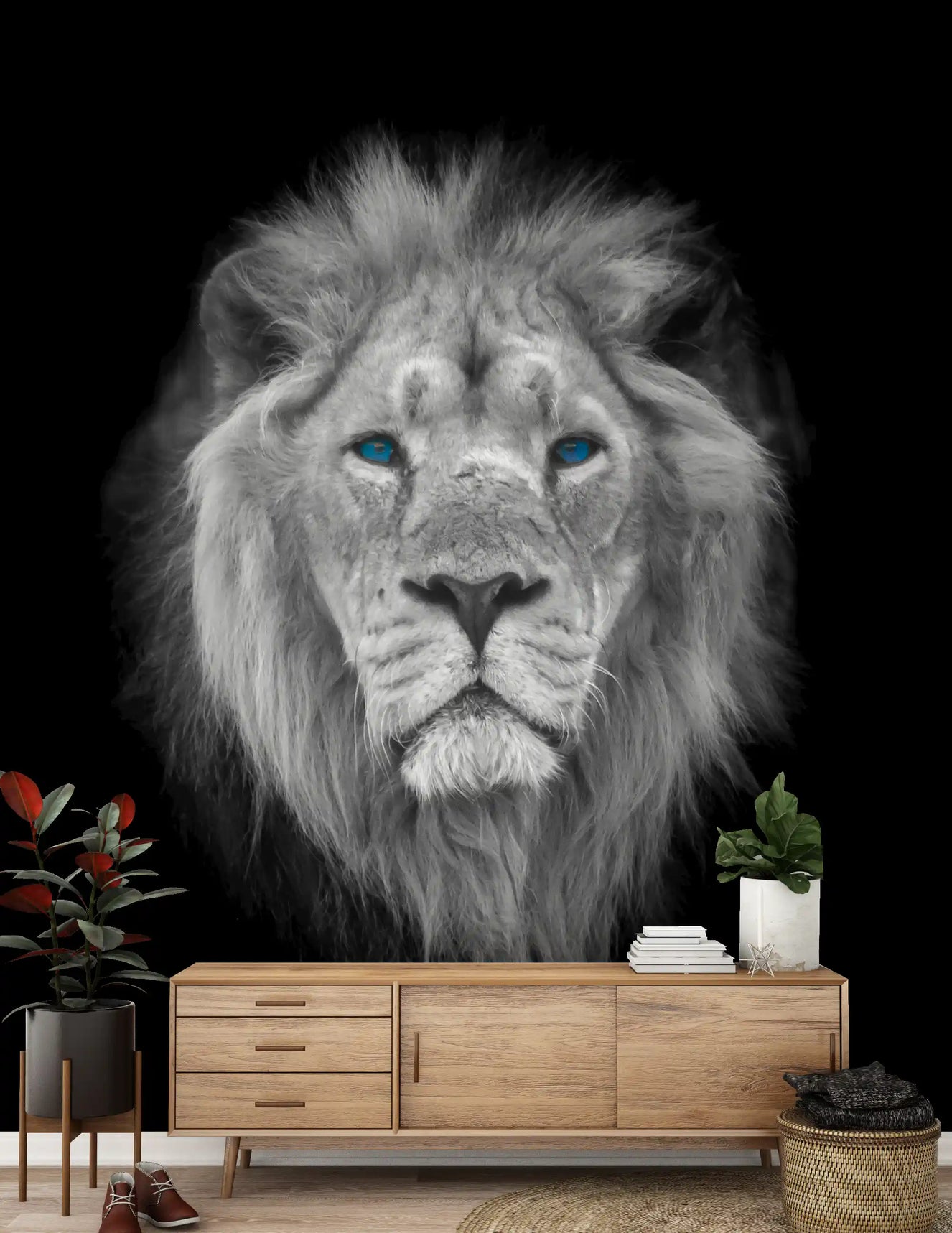 Monochrome lion portrait mural displayed in a hallway interior. 