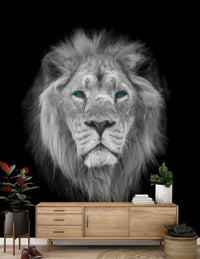 Monochrome lion portrait mural displayed in a hallway interior., GD10442