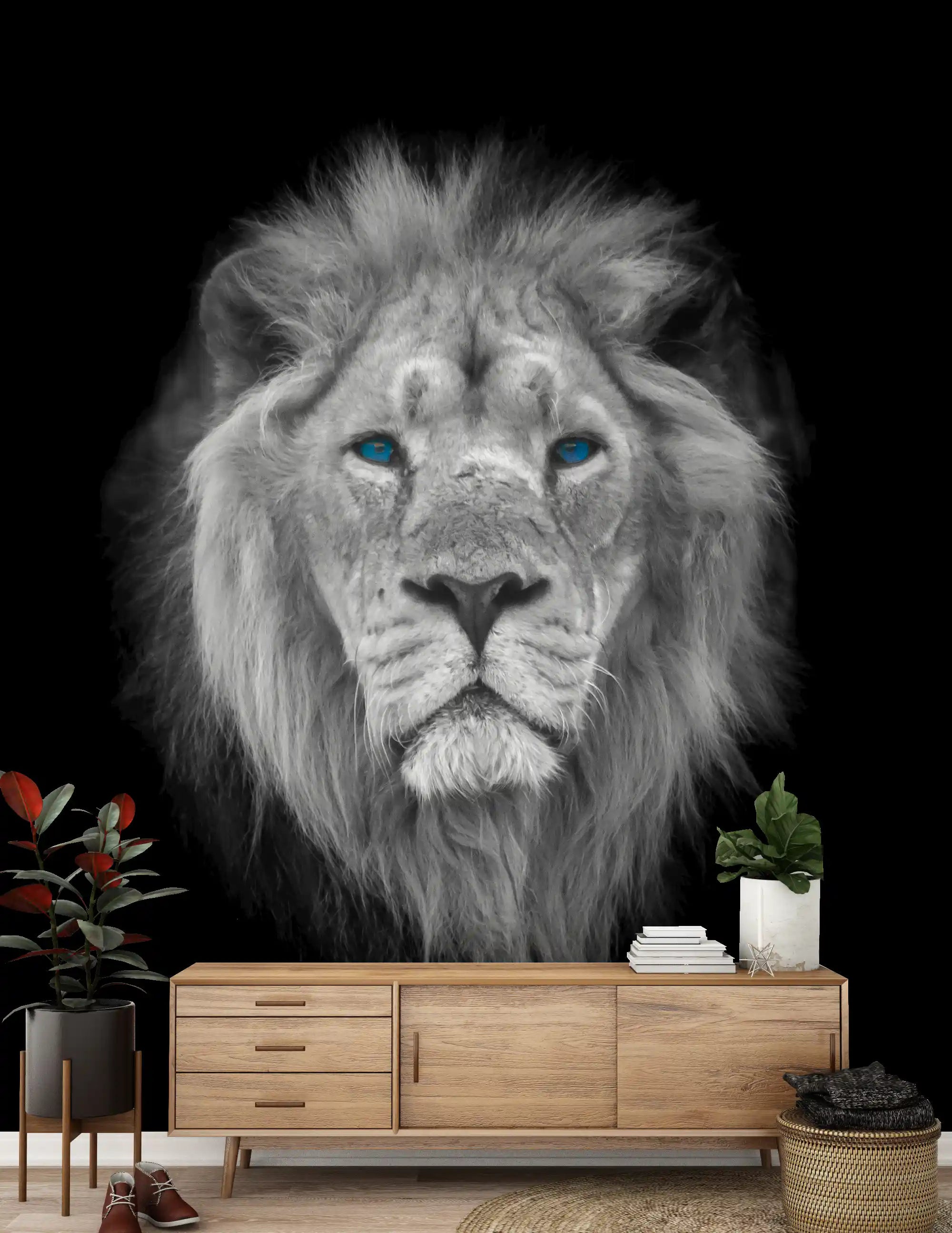 Monochrome lion portrait mural displayed in a hallway interior., GD10442
