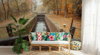 Wooden lock gates on autumn canal in Ember Leaves Silent Locks mural., GD10443