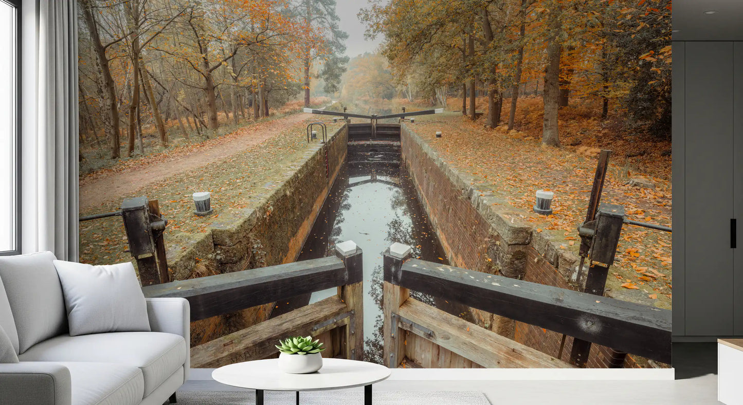 Stone canal walls with amber tones in Ember Leaves mural., GD10443