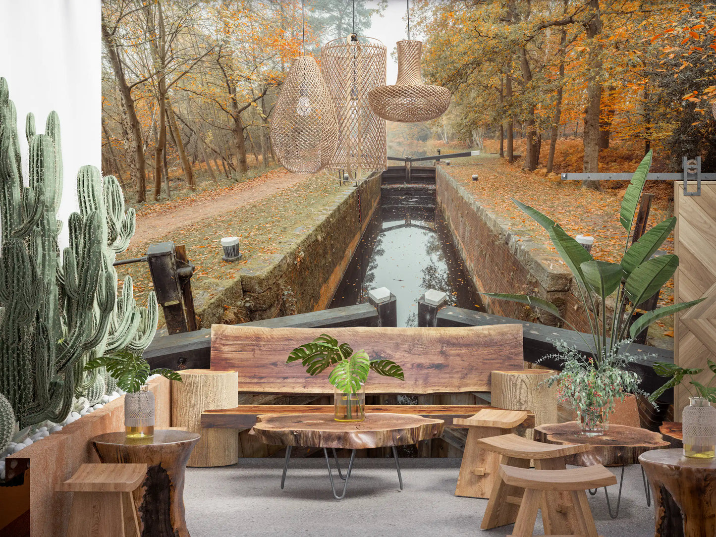 Ember Leaves Silent Locks wall mural with autumn canal and golden trees., GD10443