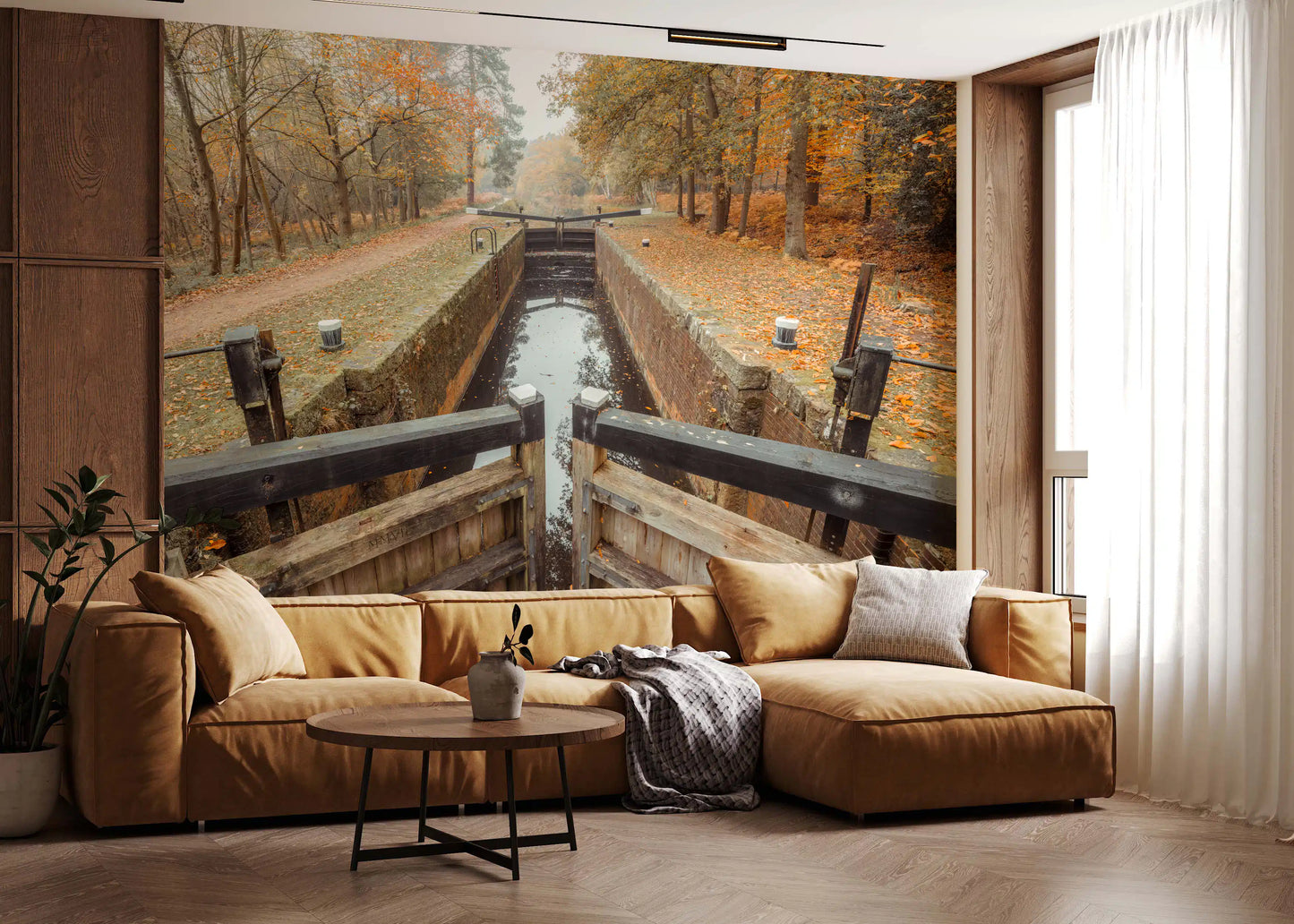 Ember Silent Locks wall mural in a living room with orange foliage., GD10443