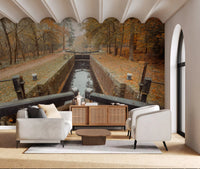 Misty tree line beyond canal lock in Silent ember wall mural., GD10443