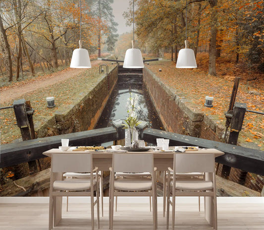 Ember Leaves Silent Locks wall mural in a dining room with autumn canal.