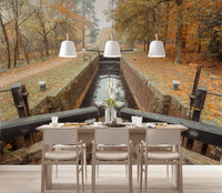 Ember Leaves Silent Locks wall mural in a dining room with autumn canal., GD10443