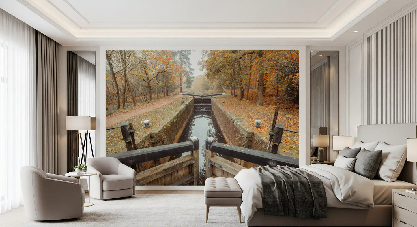 Ember Leaves mural with Fallen autumn leaves on towpath in bedroom., GD10443