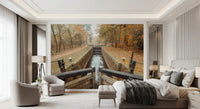 Ember Leaves mural with Fallen autumn leaves on towpath in bedroom., GD10443