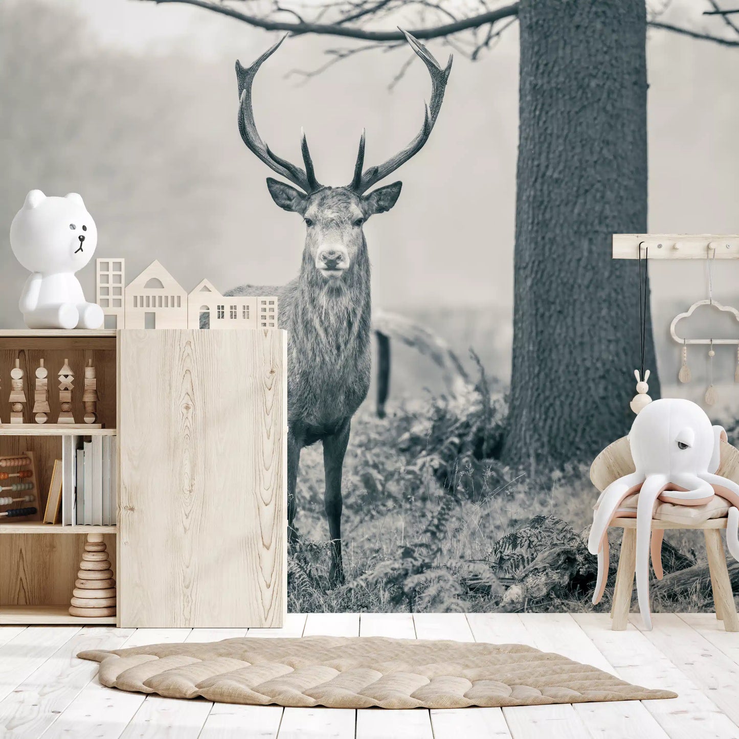 Forest Sentinel wall mural with Antler detail of deer in nursery., GD10444