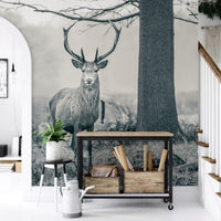 Woodland Sentinel wall mural with monochrome deer portrait among ferns, GD10444
