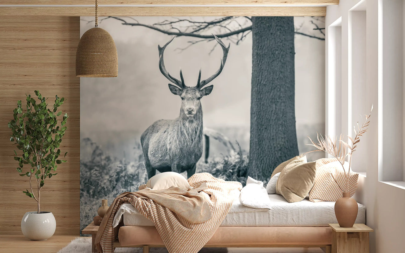 Grey toned stag and forest undergrowth in Woodland Sentinel mural.
