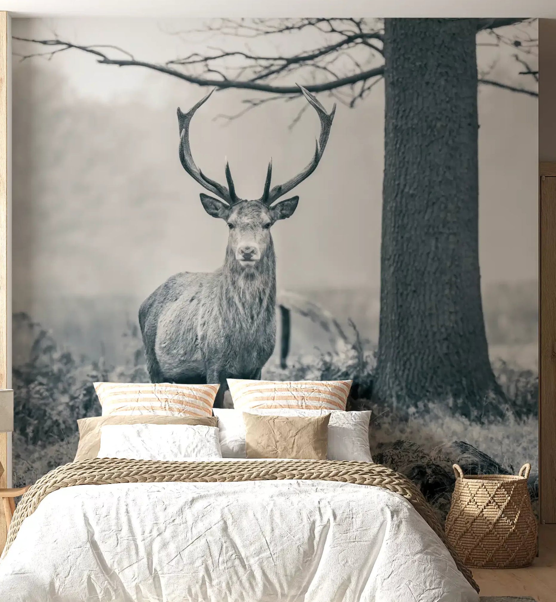 Woodland Sentinel wall mural in a bedroom with monochrome deer., GD10444