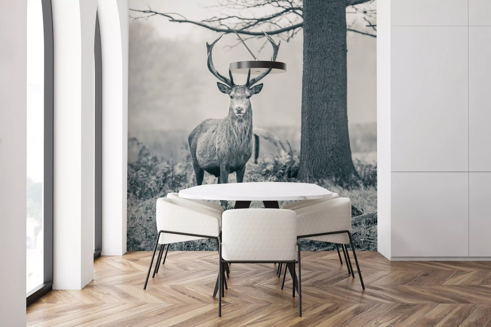 Woodland Sentinel wall mural with stag standing in misty forest., GD10444