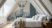 Bare tree branches and fog behind stag in Woodland Sentinel wall mural., GD10444