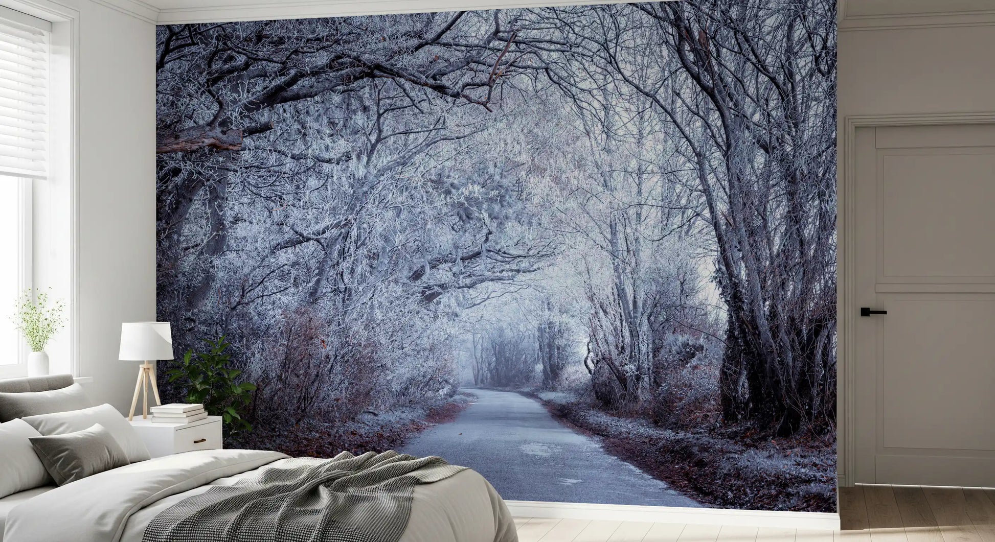 Winter's Way wall mural with Cool-toned winter canopy detail in bedroom., GD10445