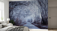 Winter's Way wall mural with Cool-toned winter canopy detail in bedroom., GD10445