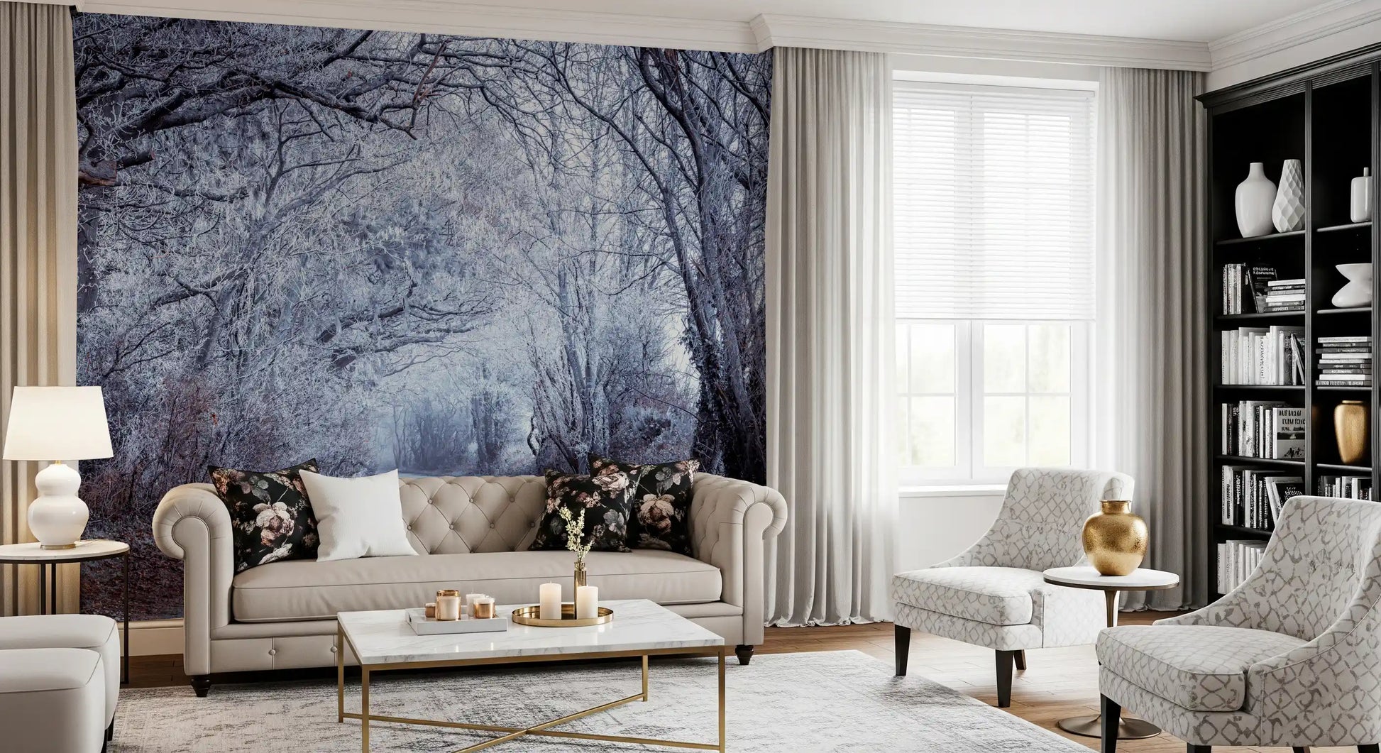 Wet pathway surface reflecting pale sky in this winter wall mural., GD10445