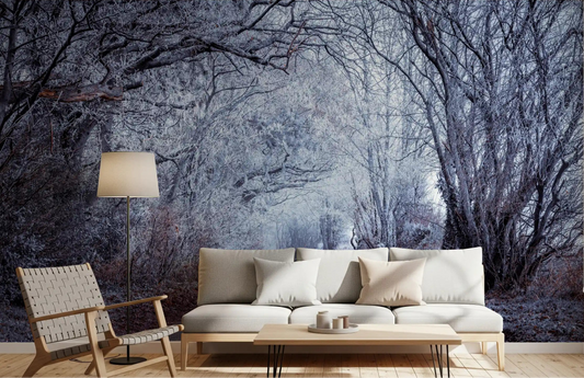 Winter's Enchanted Way wall mural in a living room with icy blue tone.