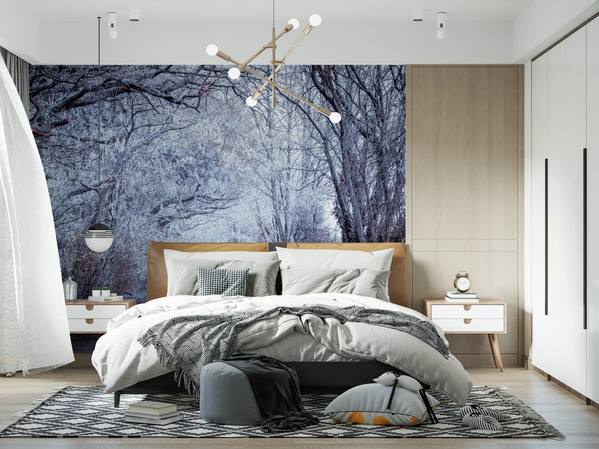 Winter's Enchanted Way wall mural in a bedroom with misty forest and trees., GD10445