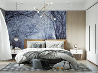 Winter's Enchanted Way wall mural in a bedroom with misty forest and trees., GD10445