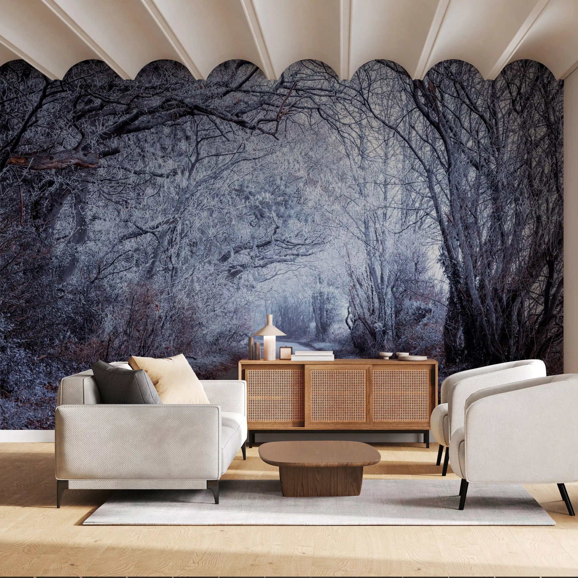Icy blue and silver-grey tones in Winter's Enchanted Way wall mural., GD10445