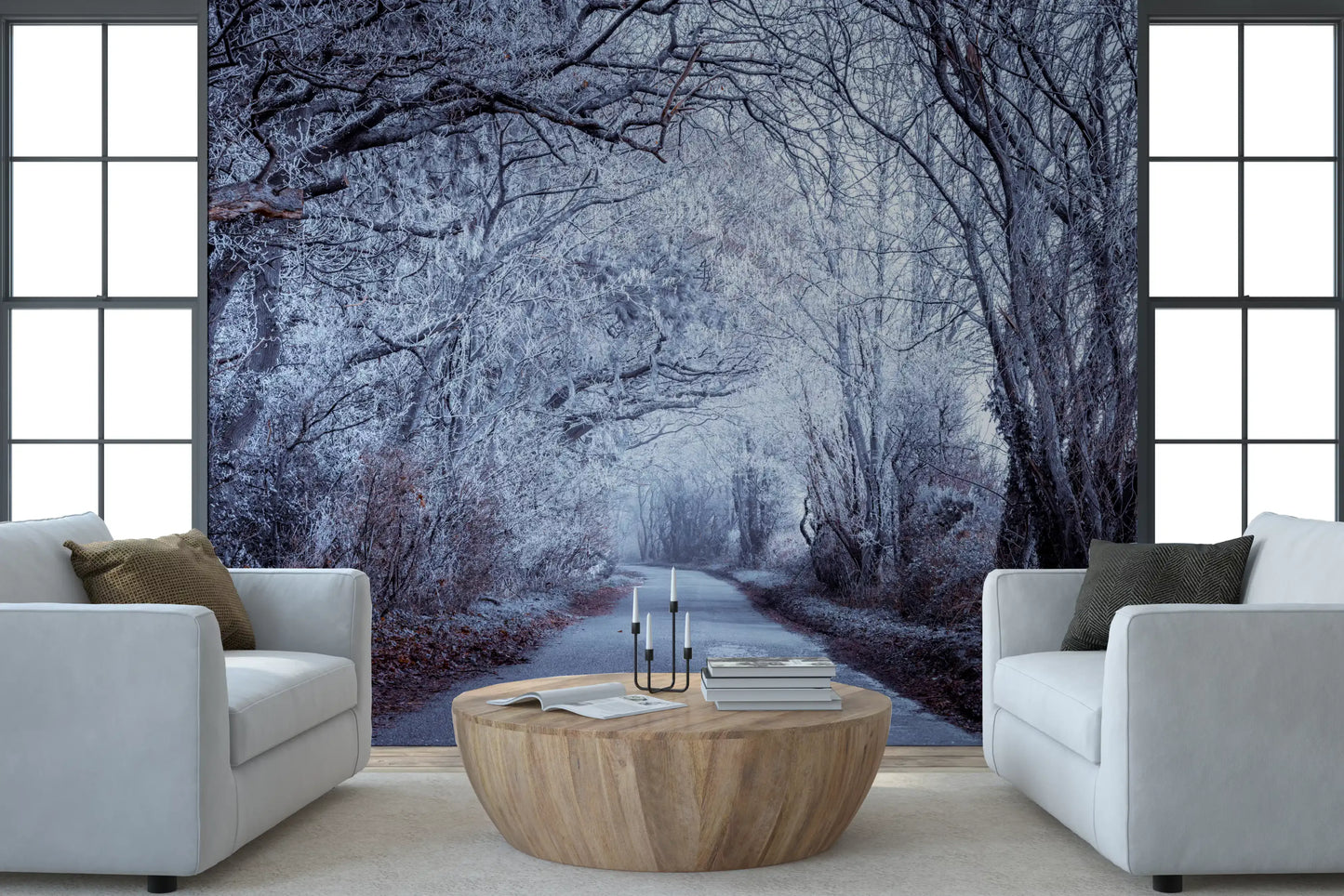 Wall mural showing Narrow winter road with misty vanishing point., GD10445