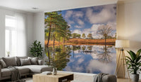 Serene Woodland wall mural with still pond and pine trees., GD10446