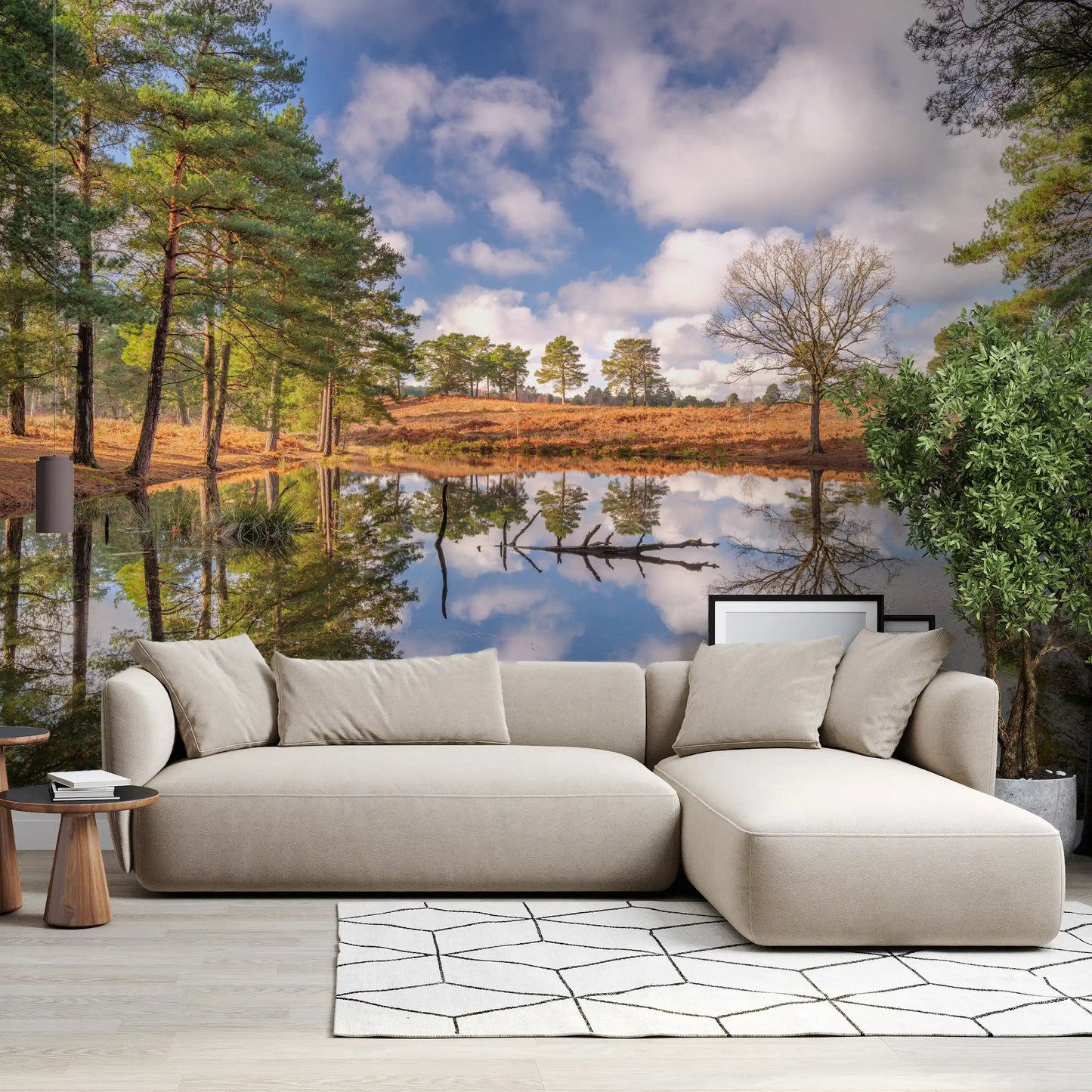 Green pine foliage framing the pond in this woodland wall mural., GD10446