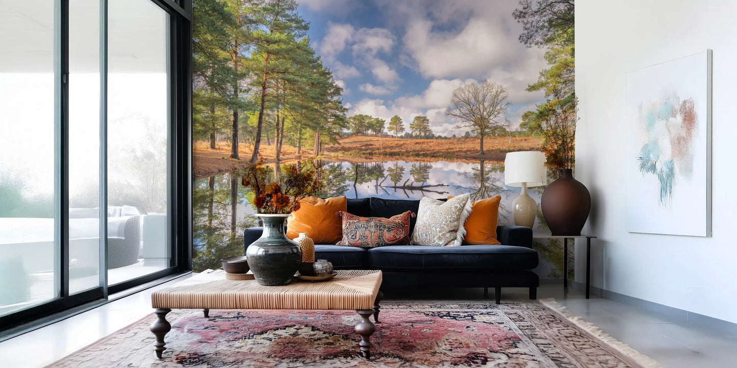 Woodland wall mural with Brown heathland and distant tree lines., GD10446