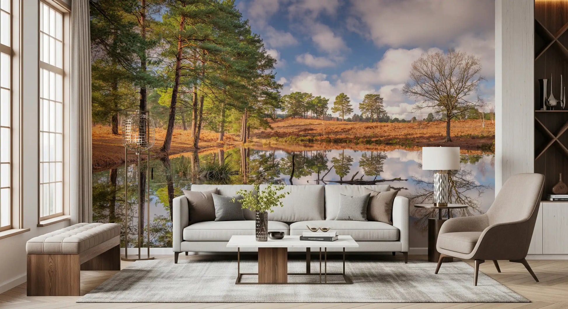Serene forest tree reflection wall mural in a living room interior., GD10446