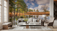 Serene forest tree reflection wall mural in a living room interior., GD10446