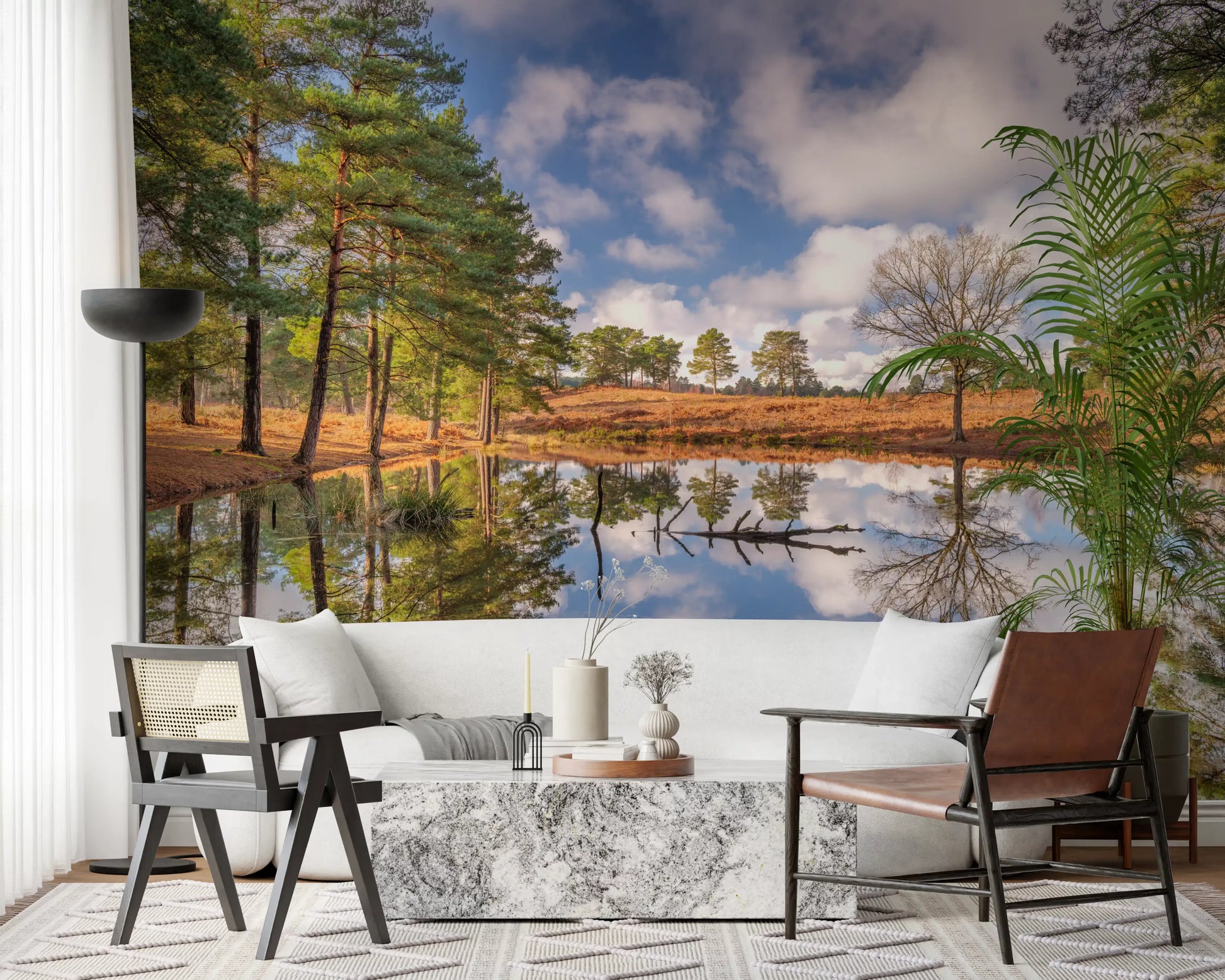 Dramatic cloud-filled sky in Serene Woodland Reflection wall mural., GD10446