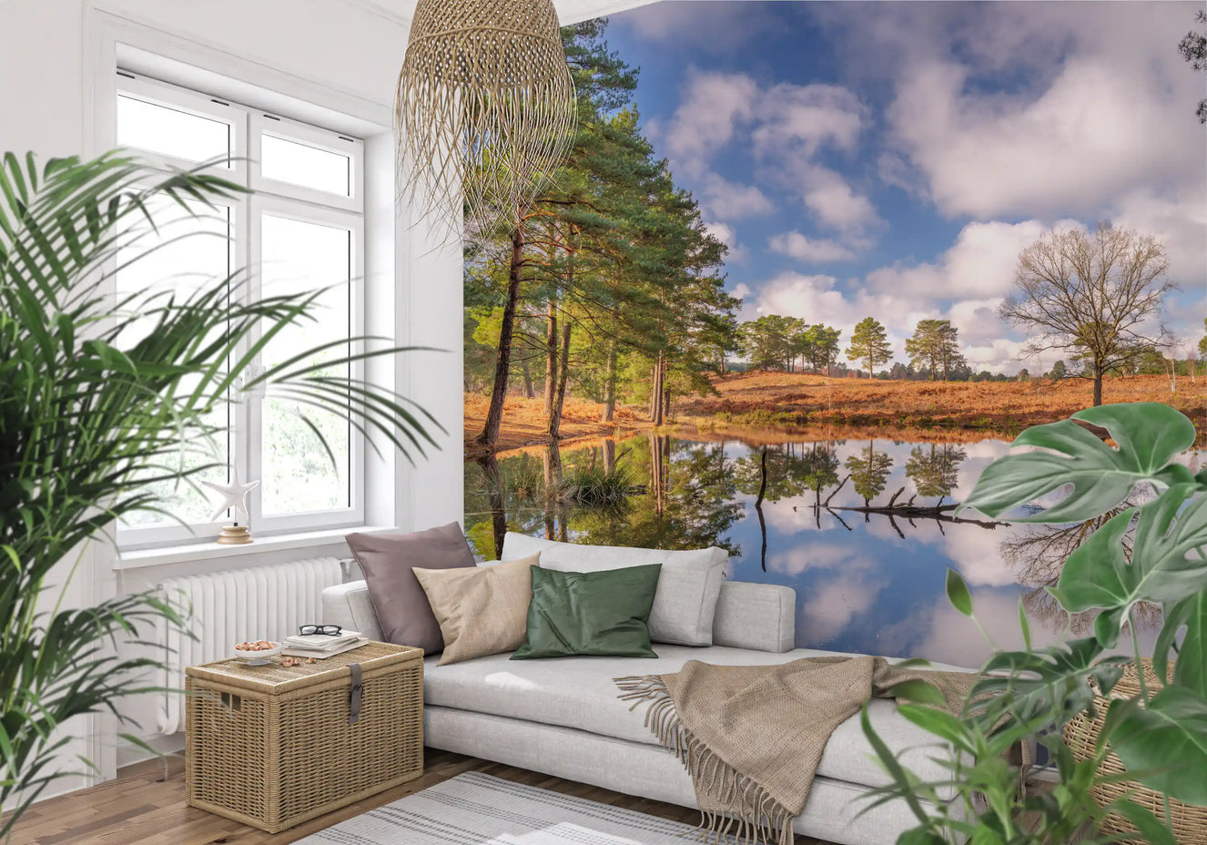 Wall mural showing Bare tree and evergreen pines beside the pond.