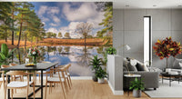 Serene forest wall mural with Mirror like water reflecting clouds and trees., GD10446