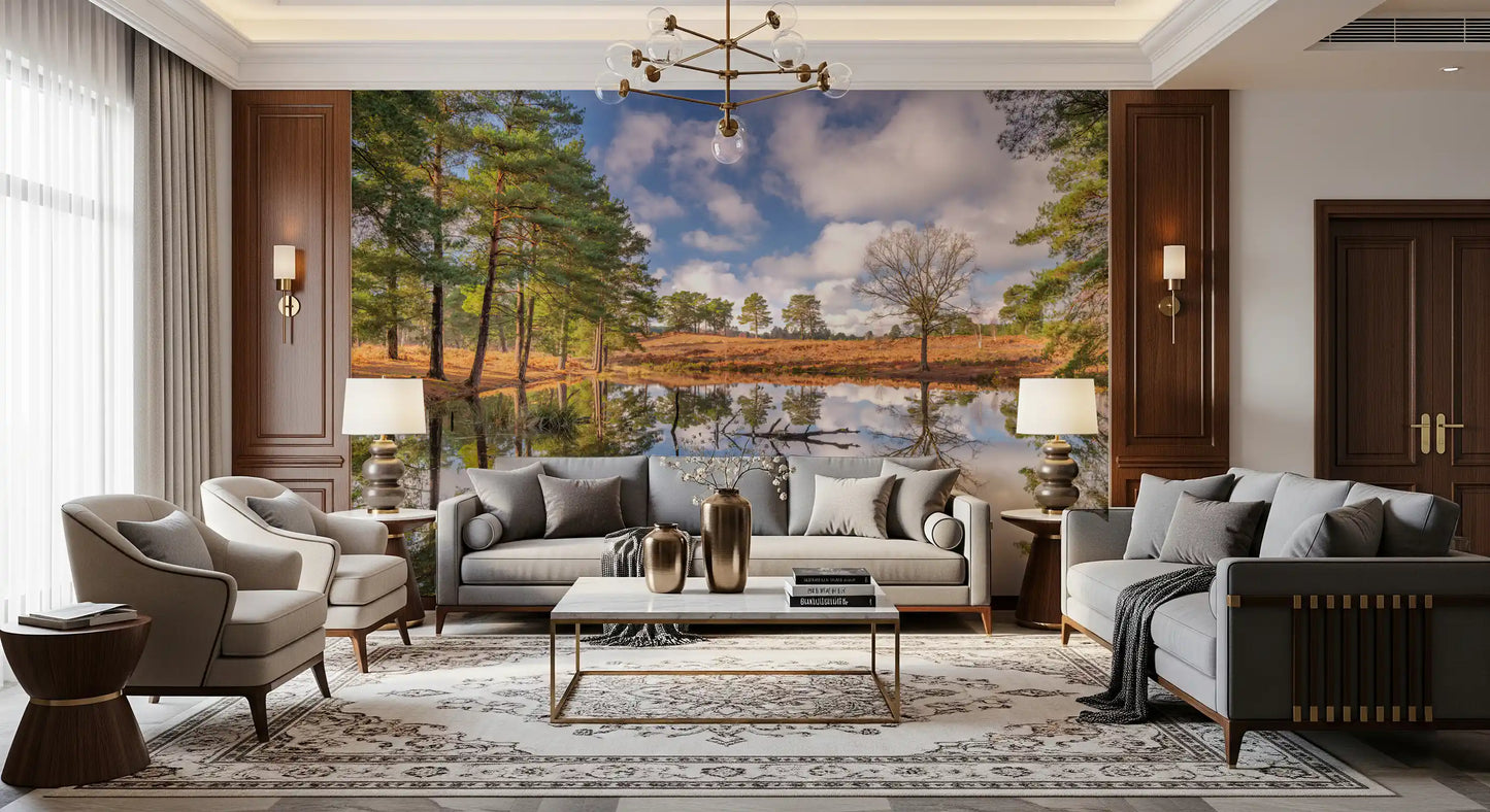 Serene forest wall mural with Blue sky and green trees reflection., GD10446