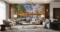 Serene forest wall mural with Blue sky and green trees reflection., GD10446