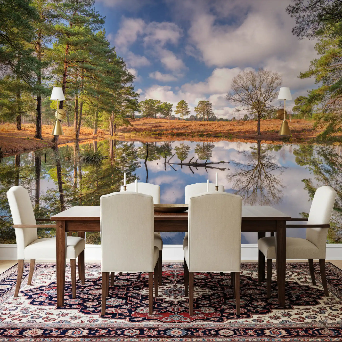 Serene Woodland Reflection wall mural in a dining room with blue sky.