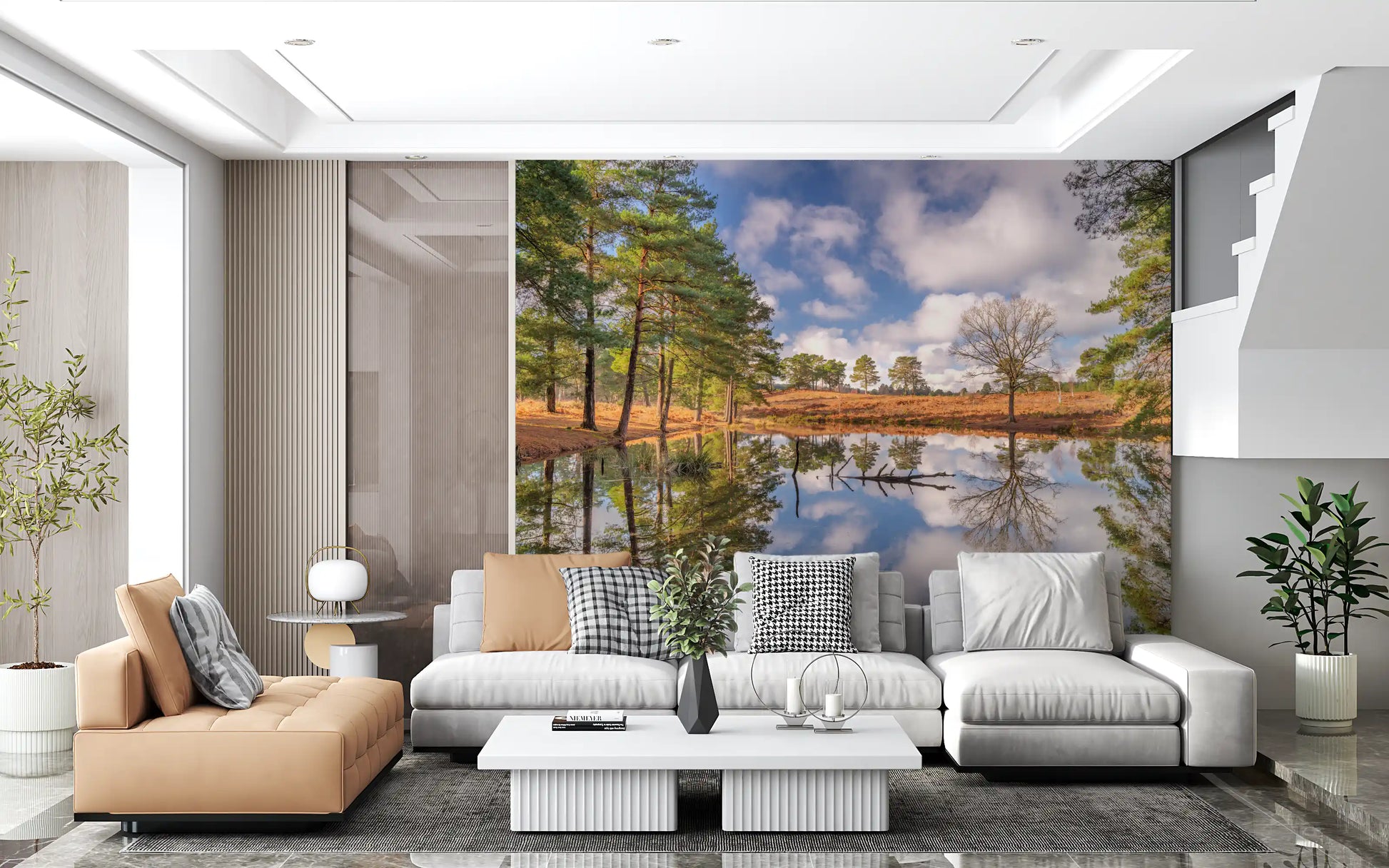 Serene Woodland Reflection mural with Fallen logs on water surface in living area., GD10446