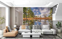 Serene Woodland Reflection mural with Fallen logs on water surface in living area., GD10446