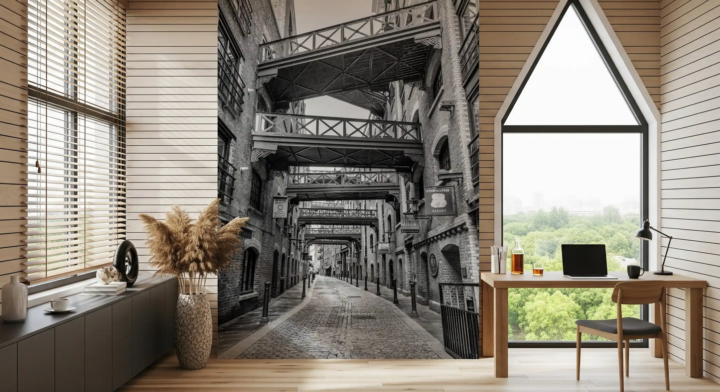 Historic Walkways wall mural with Monochrome brick warehouse facade., GD10447