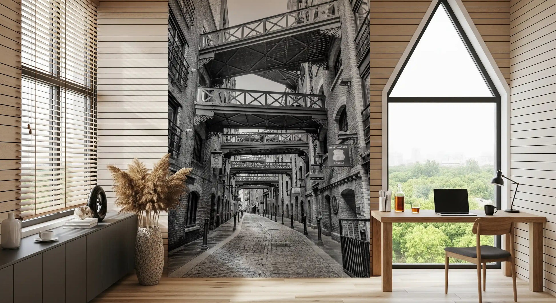 Historic Walkways wall mural with Monochrome brick warehouse facade., GD10447