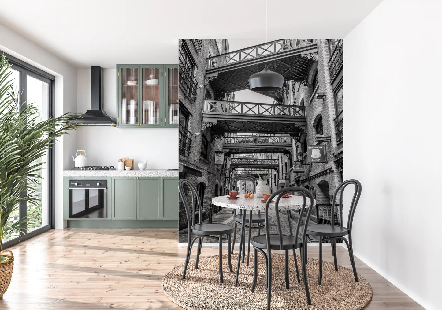 Historic London wall mural in dining room with Grey toned urban architecture., GD10447