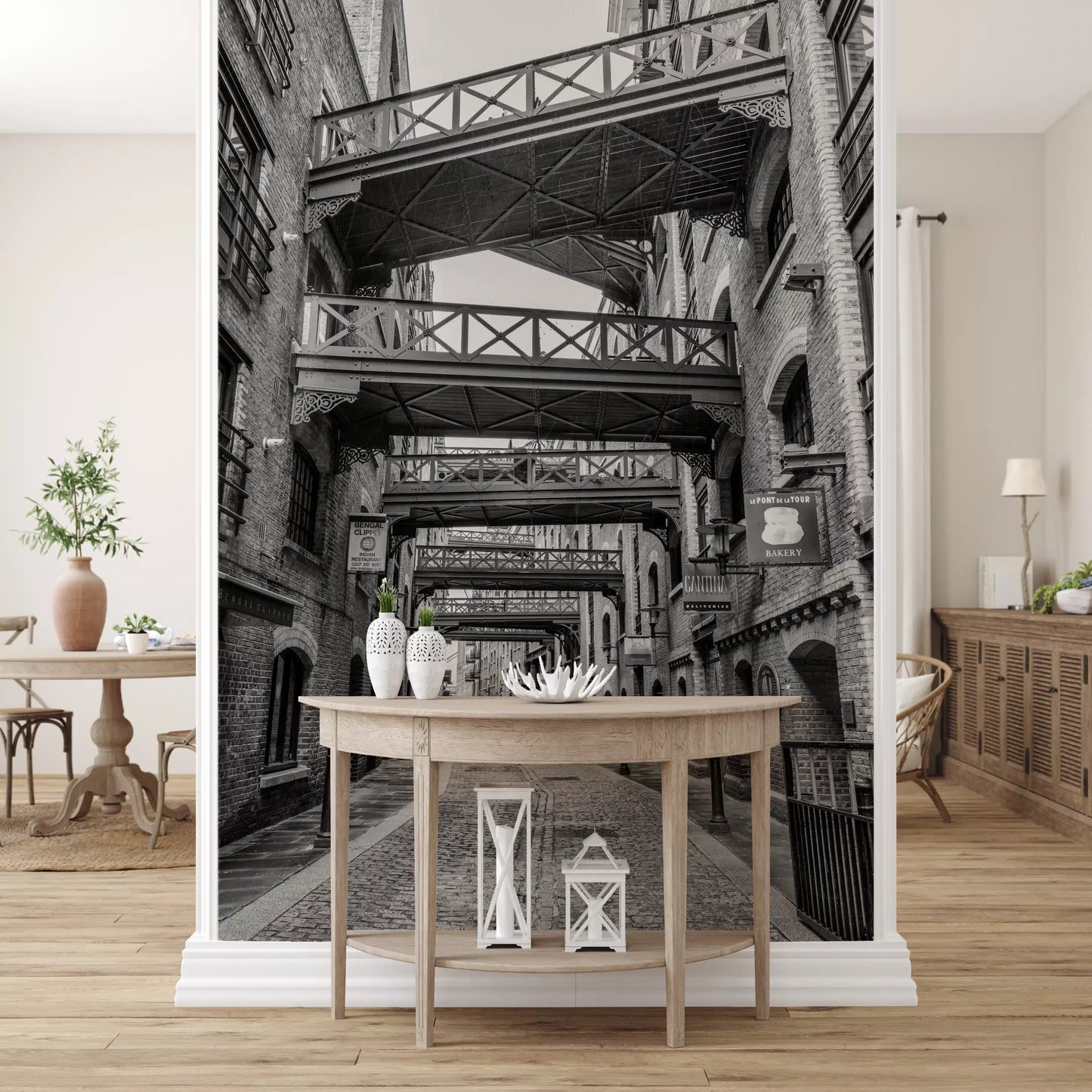 Walkway mural featuring Ornate ironwork and cross-braced bridge panels., GD10447