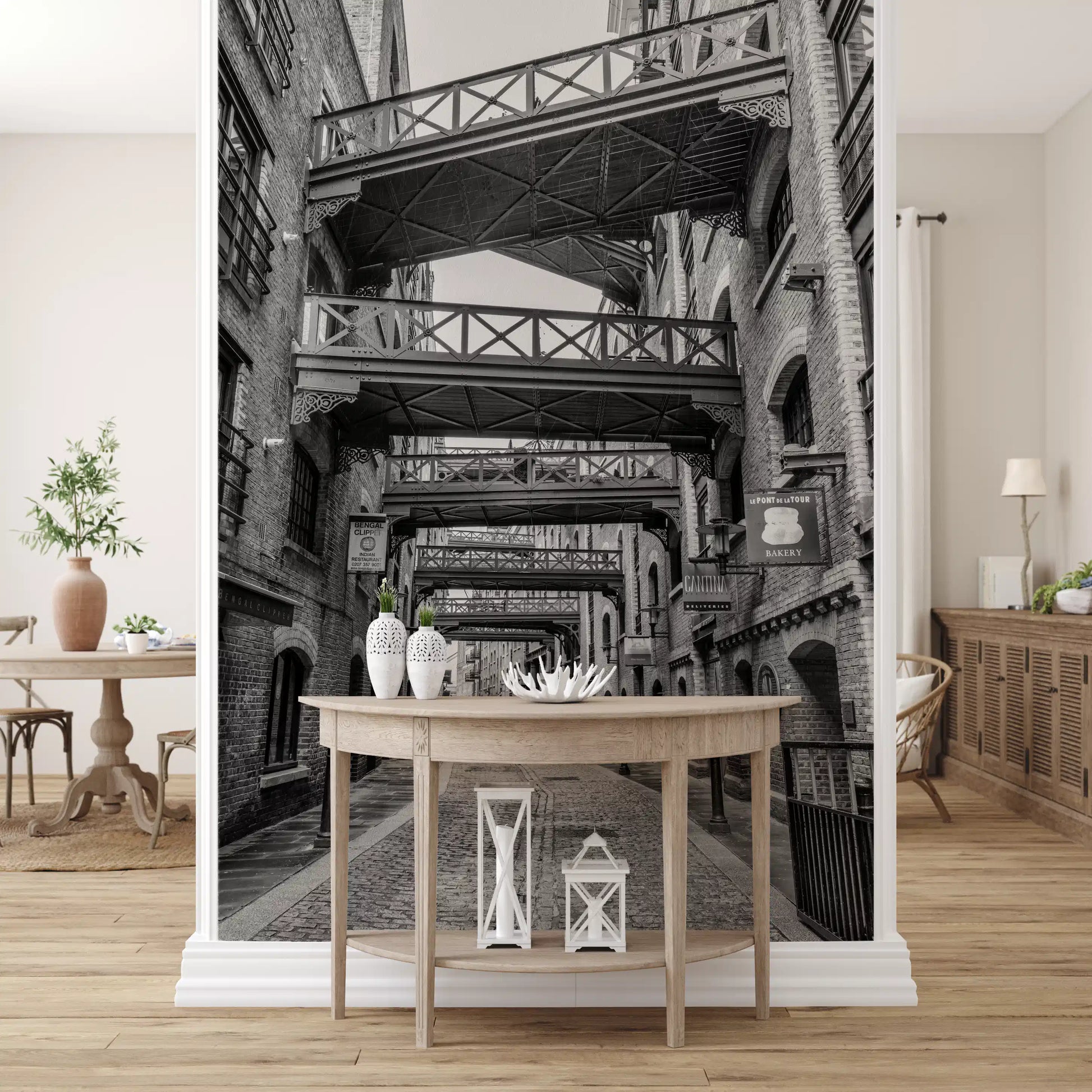 Walkway mural featuring Ornate ironwork and cross-braced bridge panels., GD10447