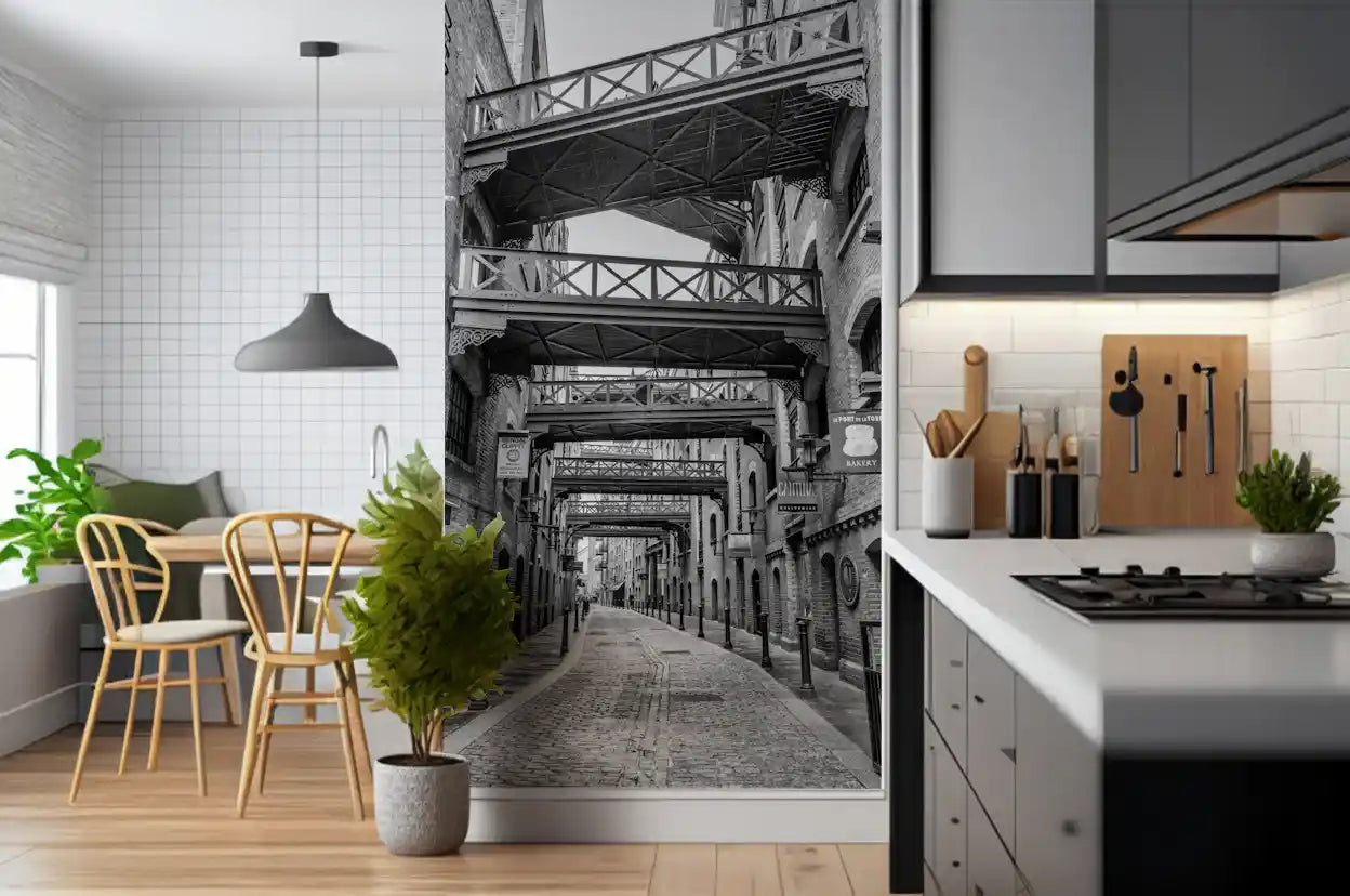 Historic London Walkways mural with Arched doorways and brick walls in kitchen., GD10447